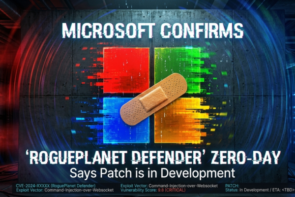 A cybersecurity-themed digital graphic set in a dark server room with glowing red cooling fans on the left and server racks on the right. In the center, a gritty, glitched Microsoft logo composed of red, green, blue, and yellow squares is displayed on a concrete wall. A large, realistic adhesive bandage is placed diagonally across the center of the logo, symbolizing a temporary fix or patch. The entire scene is framed by a swirling blue and red light vortex effect. Bold, slightly glitched white text reads "MICROSOFT CONFIRMS" at the top and "'ROGUEPLANET DEFENDER' ZERO-DAY / Says Patch is in Development" at the bottom. A small data bar along the very bottom displays technical text, including "Vulnerability Score: 9.8 (CRITICAL)" and "PATCH: Status: In Development.