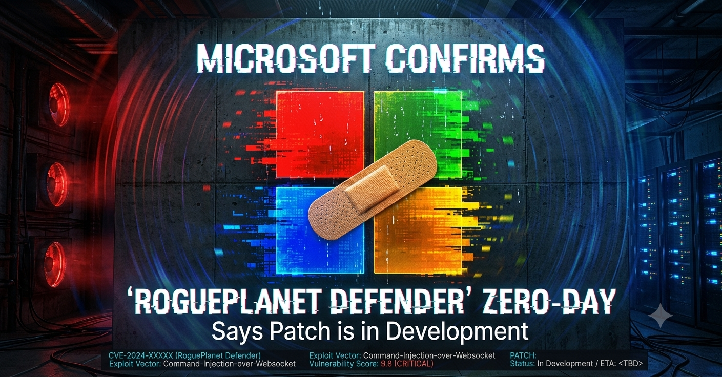 A cybersecurity-themed digital graphic set in a dark server room with glowing red cooling fans on the left and server racks on the right. In the center, a gritty, glitched Microsoft logo composed of red, green, blue, and yellow squares is displayed on a concrete wall. A large, realistic adhesive bandage is placed diagonally across the center of the logo, symbolizing a temporary fix or patch. The entire scene is framed by a swirling blue and red light vortex effect. Bold, slightly glitched white text reads "MICROSOFT CONFIRMS" at the top and "'ROGUEPLANET DEFENDER' ZERO-DAY / Says Patch is in Development" at the bottom. A small data bar along the very bottom displays technical text, including "Vulnerability Score: 9.8 (CRITICAL)" and "PATCH: Status: In Development.